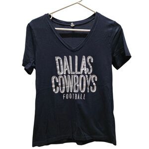 Dallas Cowboys Shirt Womens Medium Navy Blue Silver Foil V-Neck Football NFL Tee